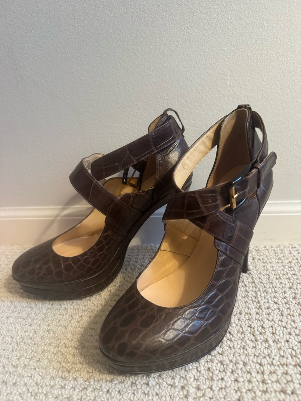 Claudia Ciuti Platform Heels Brown Alligator Skin - 7.5